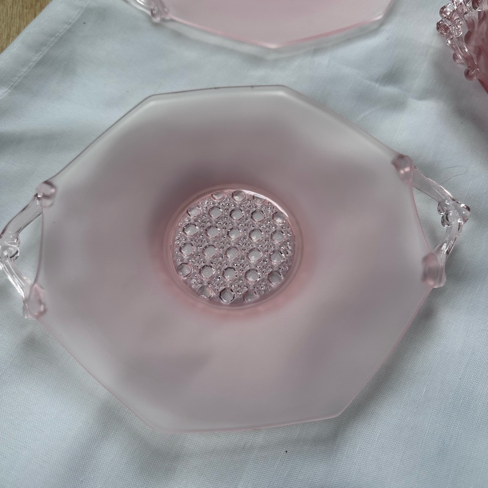 Lancaster cane bottom frosted pink Depression glass plates
